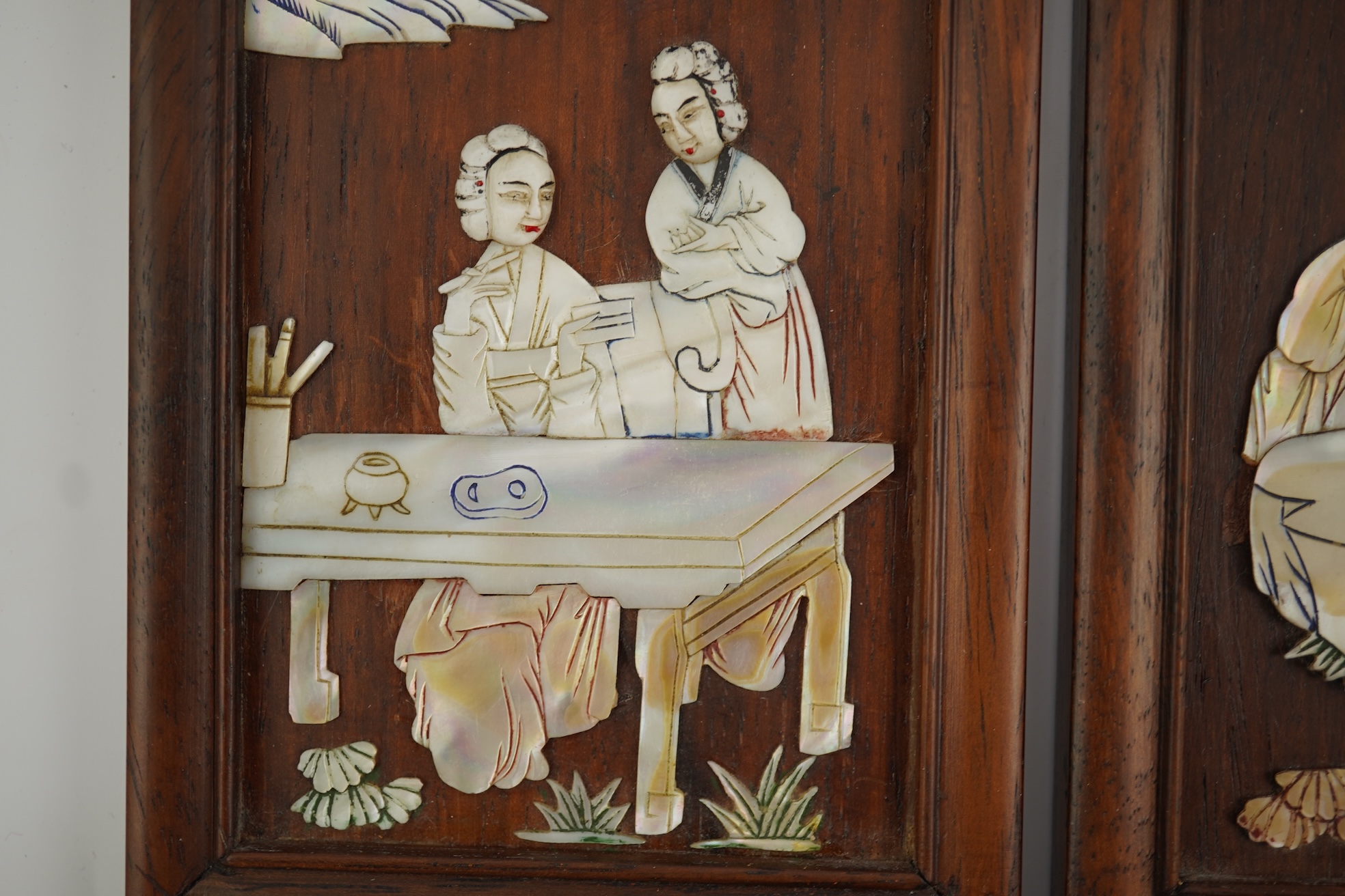 A Chinese mother-of-pearl overlaid hardwood miniature table screen, 19th century